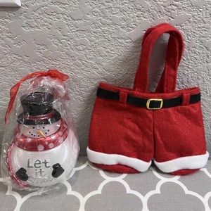 Snowman candle and Santa pants Christmas decor etc